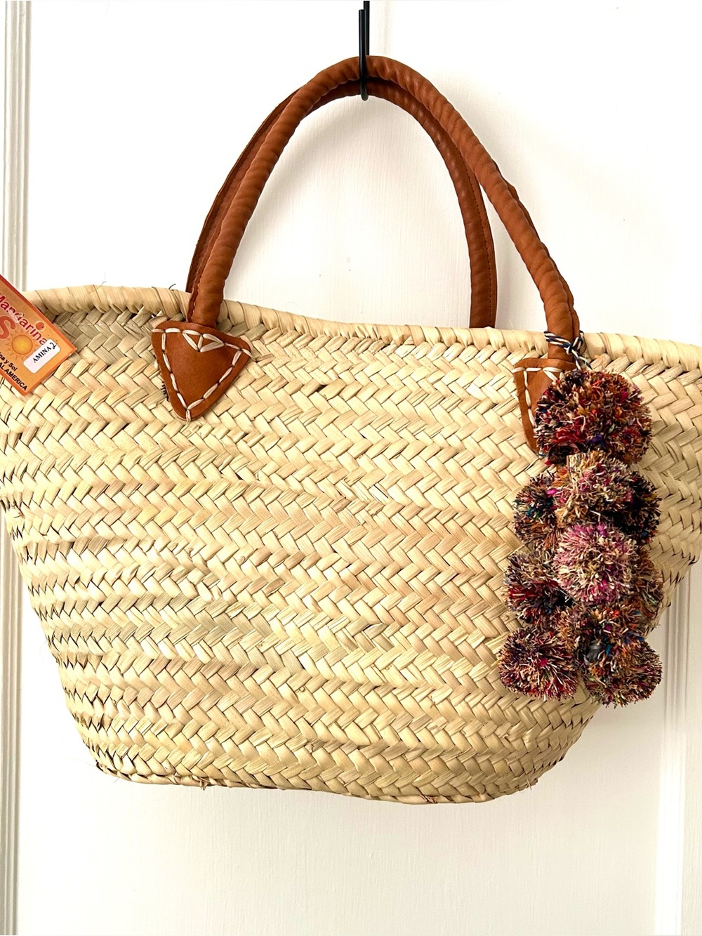 NWT Large Natural Straw Tote with Brown Leather Handles and Multicolor Pom-Poms
